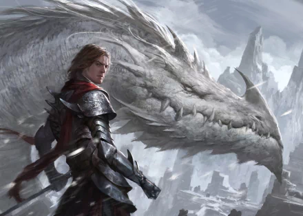 A fantasy warrior clad in armor stands beside a massive white dragon against a misty, mountainous backdrop in this HD PC desktop wallpaper.