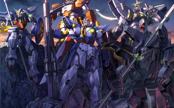 HD anime wallpaper featuring multiple Mobile Suit Gundam mechs in dynamic poses against a dramatic, cloudy sky background.