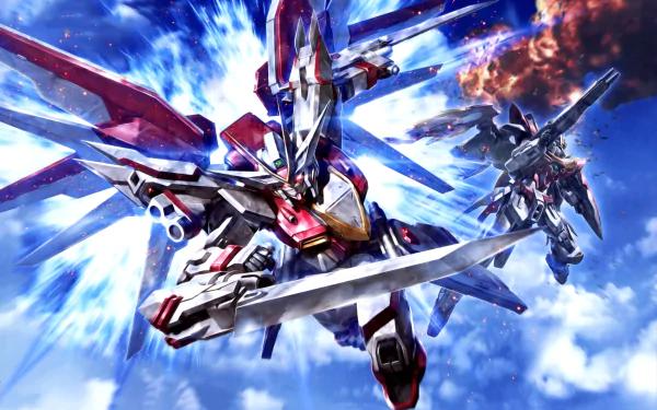 4K Ultra HD anime wallpaper featuring dynamic Mobile Suit Gundam mechas soaring through a vibrant sky with intense energy effects and detailed mechanical designs.