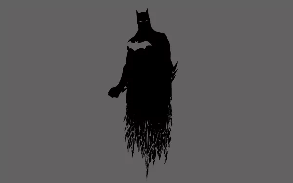 Minimalist black silhouette of Batman dissolving into smoke against a gray background, DC Comics comic artwork. 8K Ultra HD PC desktop wallpaper and background.