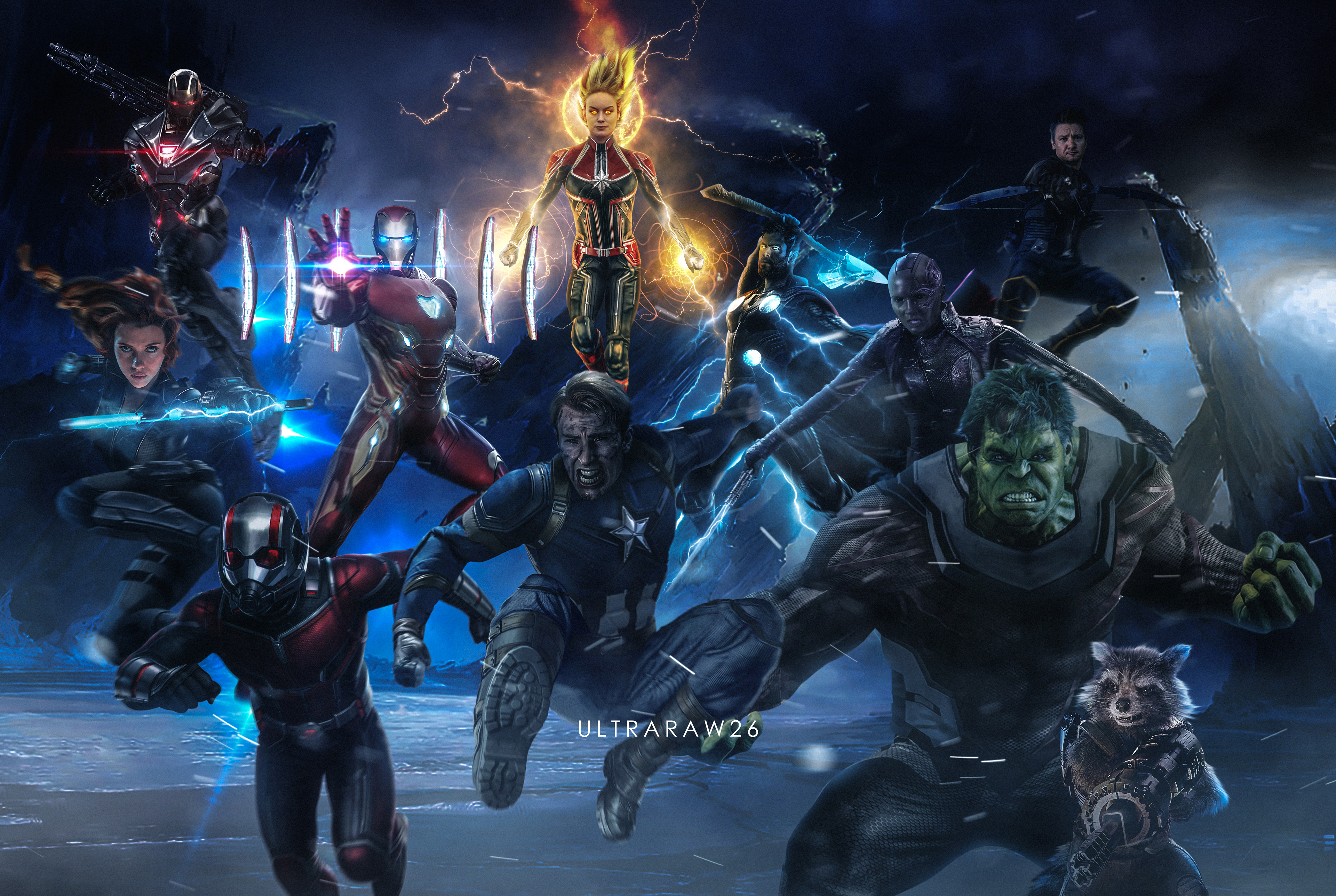 HD desktop wallpaper of Avengers EndGame showcasing the main characters in dynamic action poses against a dark, electrifying background.