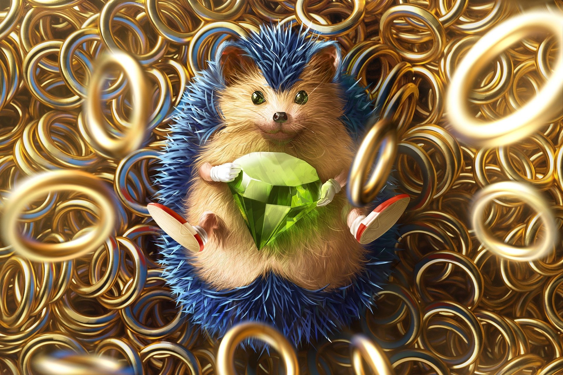 HD PC desktop wallpaper featuring a detailed Sonic the Hedgehog-inspired hedgehog holding a green emerald, surrounded by numerous golden rings from the video game.