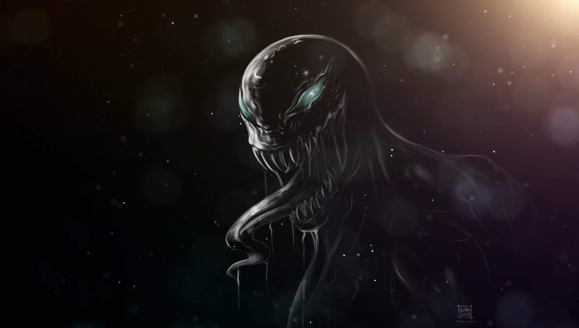 HD PC desktop wallpaper featuring Venom from the comic series in a dark, shadowy setting with glowing eyes and an ominous expression.