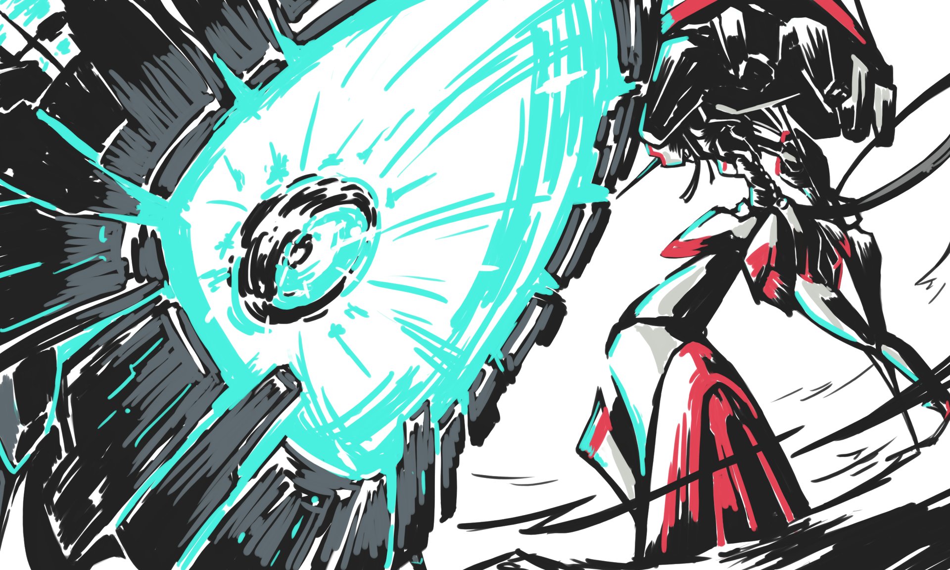 HD PC desktop wallpaper/background: stylized anime (Darling in the FranXX) showing a red‑suited pilot confronting a glowing circular mech weapon in high‑contrast sketch art.