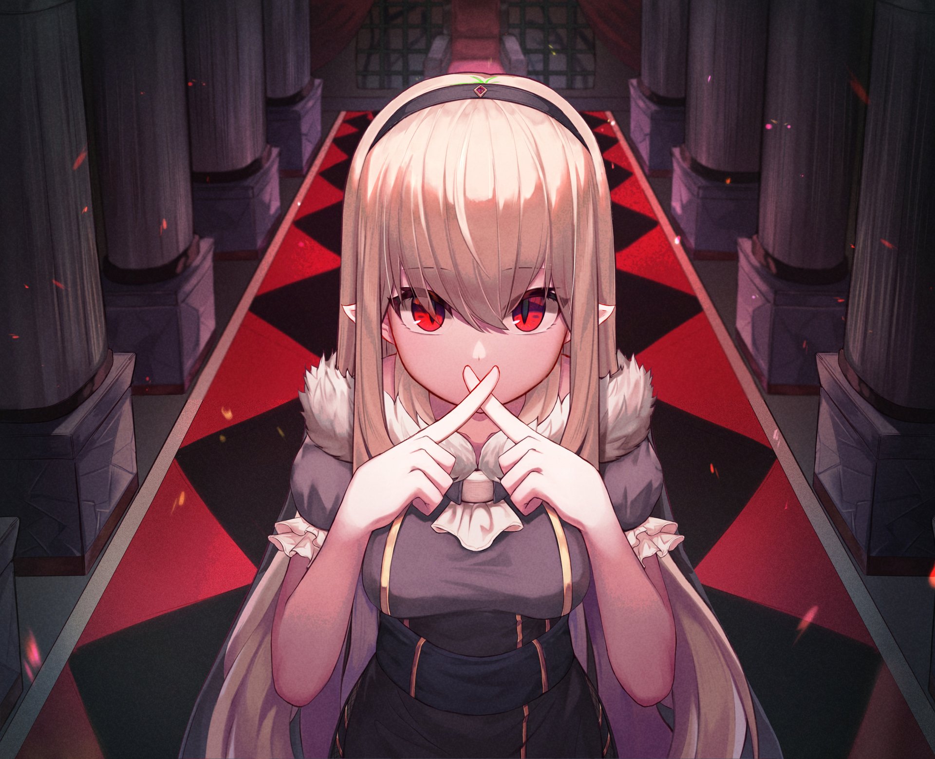 Anime-style character with pointed ears, long blonde hair, and red eyes stands in a dark, red-and-black corridor HD PC desktop wallpaper background.