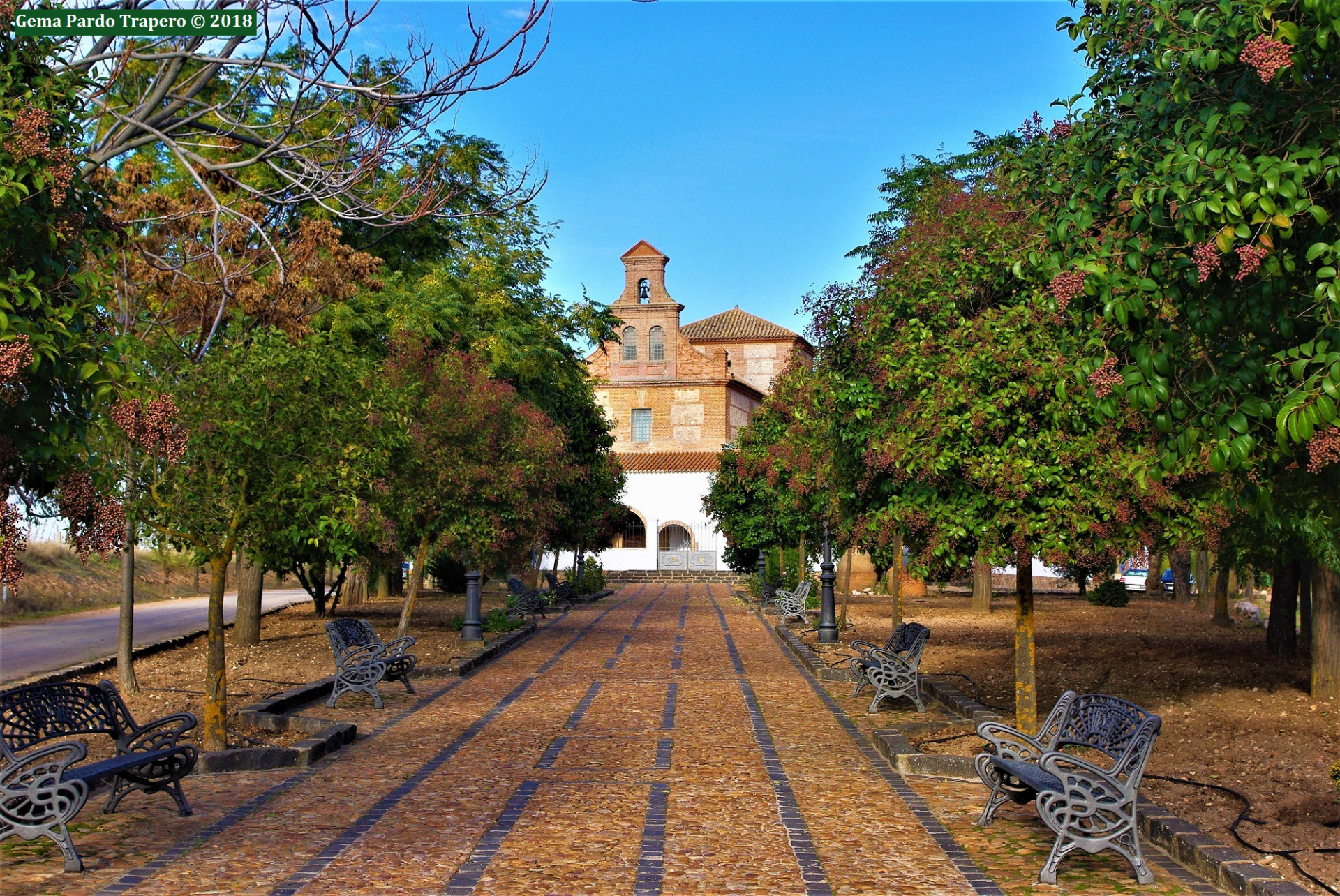 A serene view of a peaceful park bench under a tall tree, alongside a quaint church in Castilla la Mancha, Spain. Ideal as a serene desktop background.