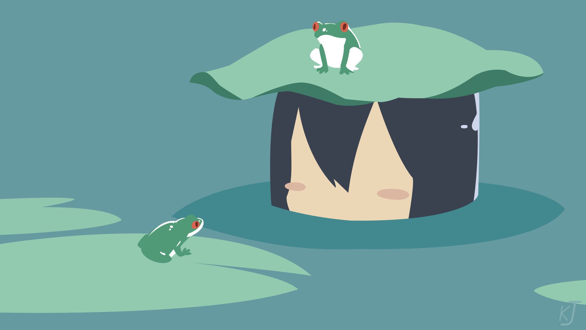 HD desktop wallpaper featuring Tsuyu Asui from My Hero Academia with frogs on lily pads in a minimalist anime style.