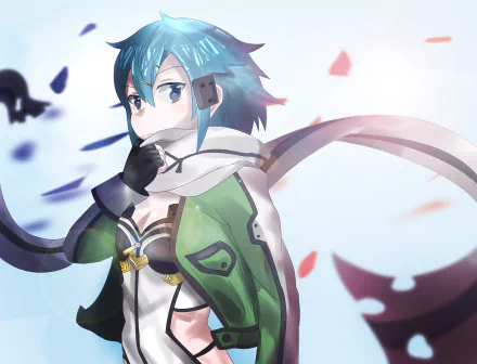 HD PC desktop wallpaper featuring Shino Asada from the anime Sword Art Online II, showcasing her with a flowing scarf and dynamic background elements.