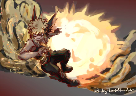 2K Quad HD PC desktop wallpaper of Katsuki Bakugou from My Hero Academia anime, mid-air and unleashing a massive explosive blast.