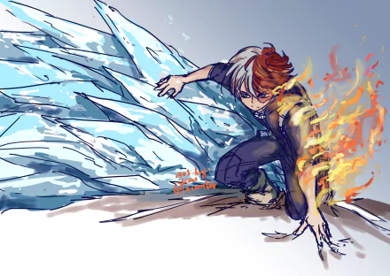 HD PC desktop wallpaper of Shoto Todoroki from My Hero Academia, showcasing his ice and fire powers in dynamic action.