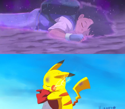 HD PC wallpaper from Pokémon The Movie: I Choose You! featuring Ash Ketchum asleep and Pikachu with electric sparks in vibrant anime style.