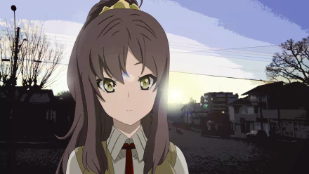 HD desktop wallpaper featuring Rio Futaba from the anime Rascal Does Not Dream of Bunny Girl Senpai, with a sunset cityscape background.