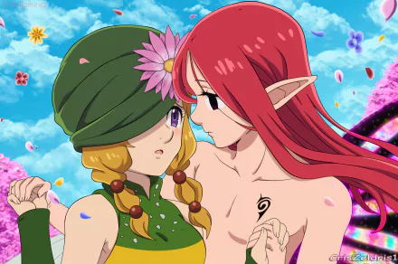 Gerheade and Gloxinia from The Seven Deadly Sins anime in a tender close-up amid falling petals and a bright floral sky — 4K Ultra HD PC desktop wallpaper background.