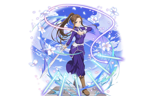 HD PC desktop wallpaper featuring Sortiliena Serlut from Sword Art Online: Alicization, inspired by Sword Art Online: Memory Defrag, surrounded by floral and magical blue effects.