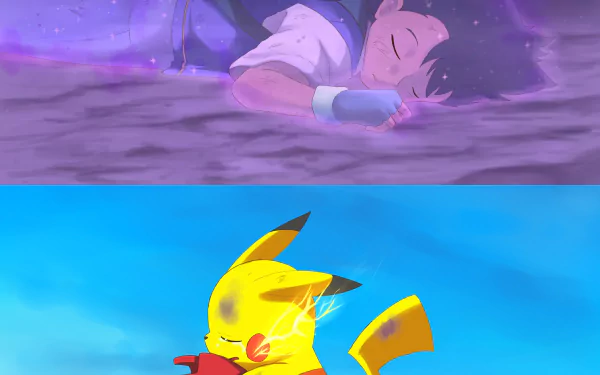 HD PC wallpaper from Pokémon The Movie: I Choose You! featuring Ash Ketchum asleep and Pikachu with electric sparks in vibrant anime style.