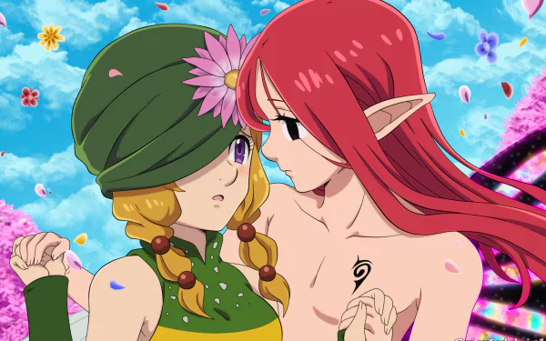Gerheade and Gloxinia from The Seven Deadly Sins anime in a tender close-up amid falling petals and a bright floral sky — 4K Ultra HD PC desktop wallpaper background.