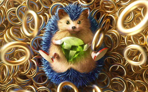 HD PC desktop wallpaper featuring a detailed Sonic the Hedgehog-inspired hedgehog holding a green emerald, surrounded by numerous golden rings from the video game.