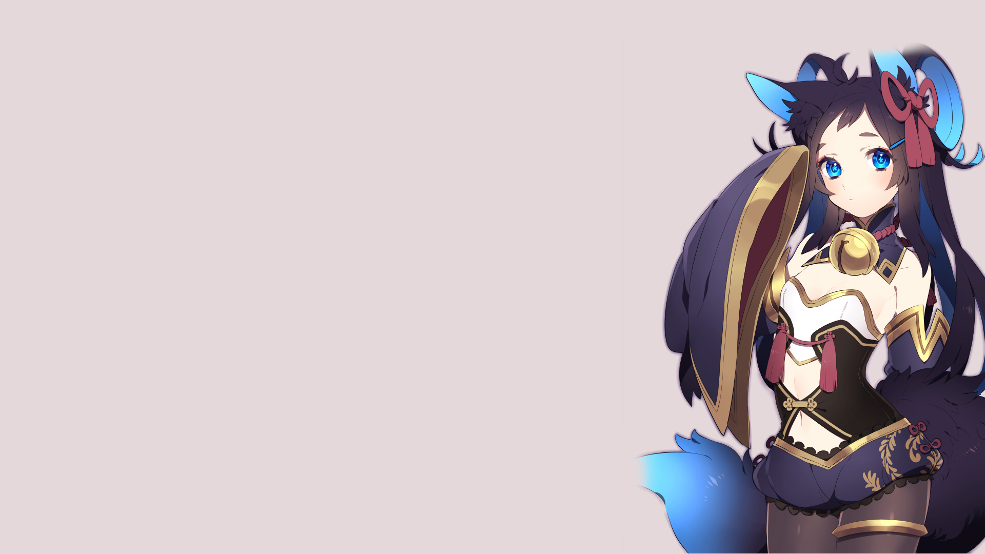 HD anime-style original character with blue eyes and fox-like features, positioned to the right against a pale background, designed as a PC desktop wallpaper.