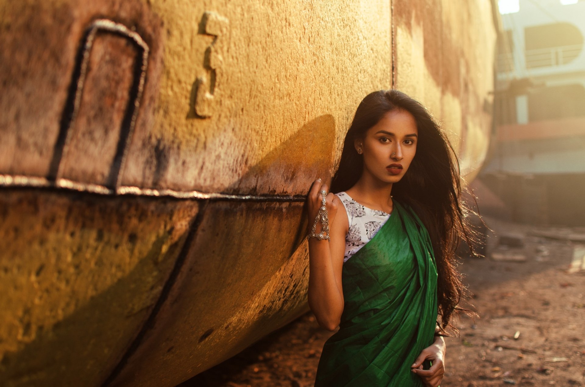 Download Brown Eyes Black Hair Long Hair Saree Woman Model HD Wallpaper