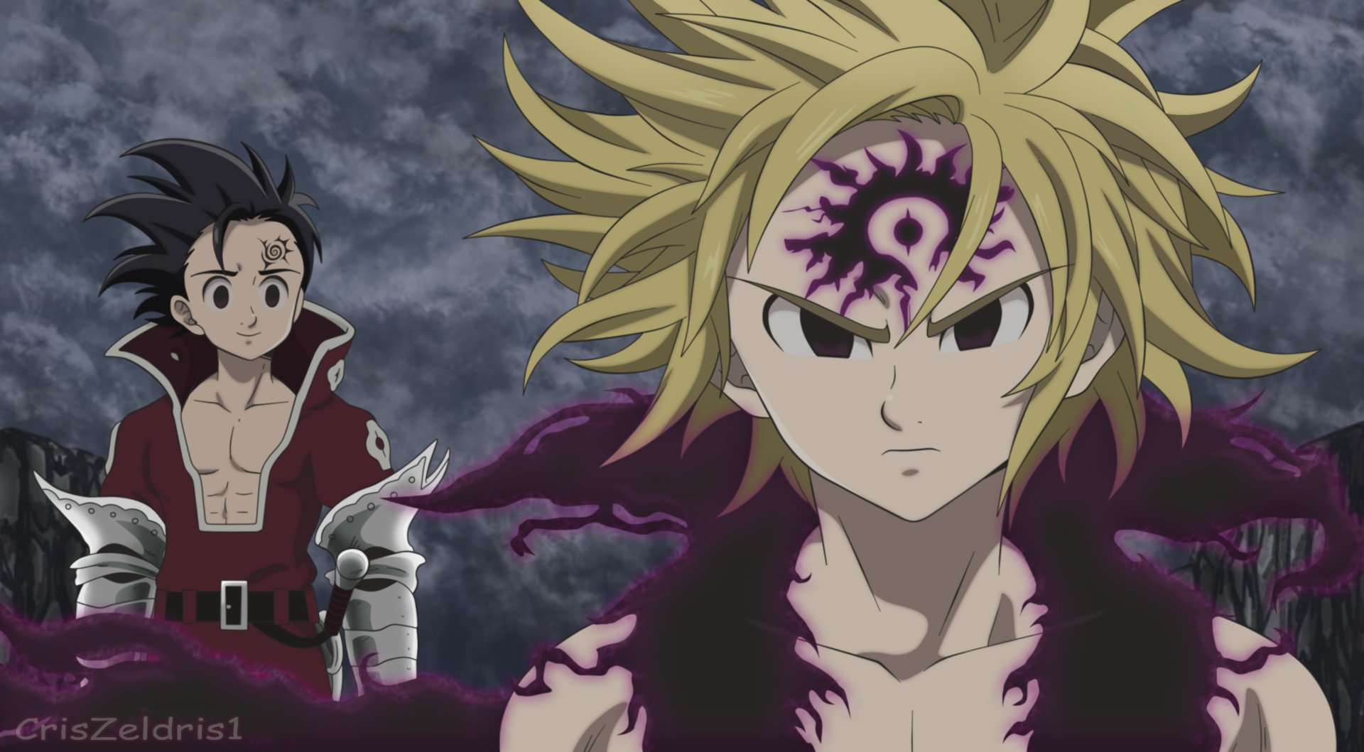 HD anime desktop wallpaper featuring Meliodas and Zeldris from The Seven Deadly Sins with intense expressions and dark, stormy background.