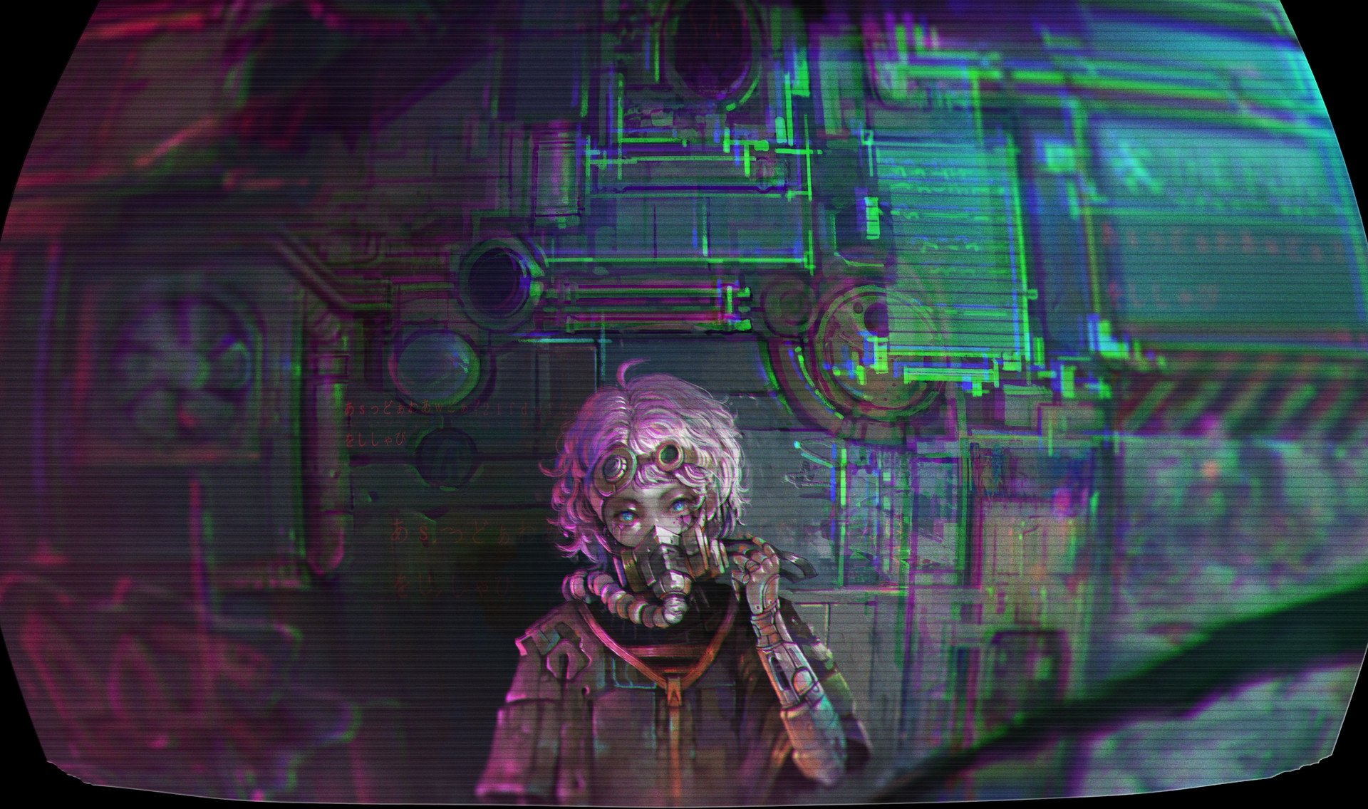 HD sci-fi cyberpunk desktop wallpaper featuring a futuristic figure with glowing eyes inside a high-tech environment, rendered with glitch and neon effects.