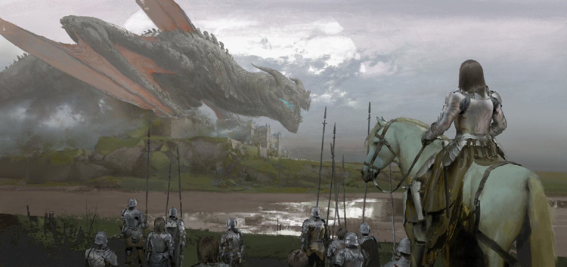 A fantasy warrior knight in armor on horseback faces a massive dragon over a misty battlefield, depicted in an HD PC desktop wallpaper background.