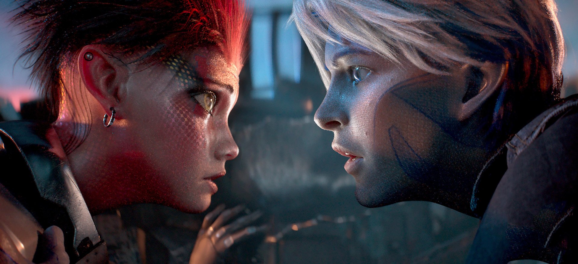 HD PC desktop wallpaper from the movie Ready Player One featuring a close-up face-off between two characters in intense focus.