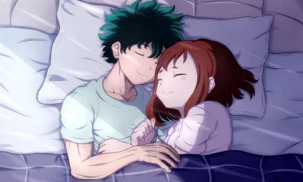 HD wallpaper of Izuku Midoriya and Ochaco Uraraka from My Hero Academia, affectionately sleeping together in a cozy, moonlit setting.