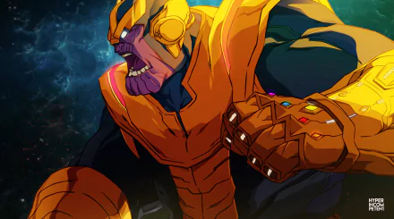 HD PC desktop wallpaper of comic-style Thanos wearing the Infinity Gauntlet, set against a cosmic background.