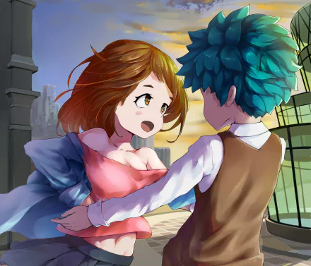 HD PC desktop wallpaper featuring Ochaco Uraraka and Izuku Midoriya from the anime My Hero Academia in a dynamic, sunset-lit scene.