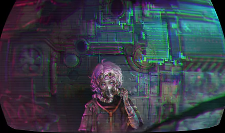 HD sci-fi cyberpunk desktop wallpaper featuring a futuristic figure with glowing eyes inside a high-tech environment, rendered with glitch and neon effects.