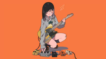HD PC desktop wallpaper: anime schoolgirl with glasses kneeling on an orange background, playing an electric guitar and adjusting effects pedals.