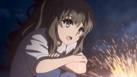 HD wallpaper featuring Rio Futaba from Rascal Does Not Dream of Bunny Girl Senpai, set against a backdrop of sparkling fireworks.
