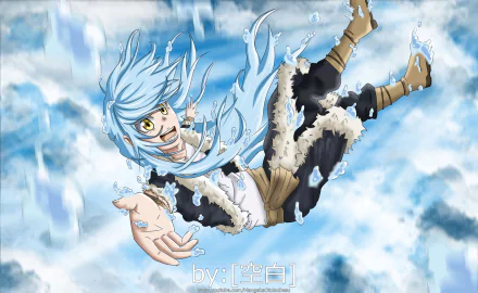 Rimuru Tempest from That Time I Got Reincarnated as a Slime falling through icy clouds, blue-haired anime character in fur-trimmed outfit, HD PC desktop wallpaper and background.
