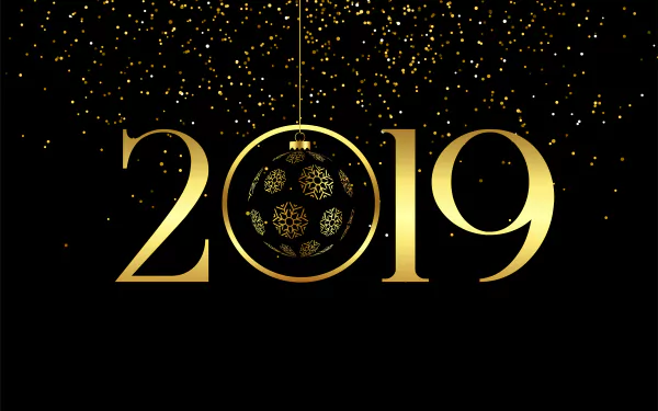 Golden 2019 text with a decorative bauble replacing the zero, set against a black background with sparkling holiday lights, in 4K Ultra HD resolution.