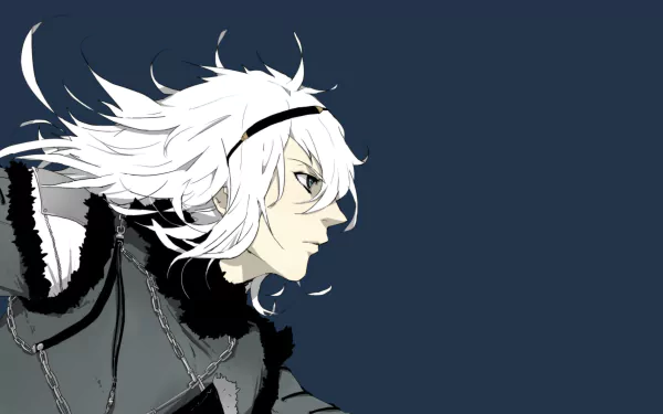 White-haired Nier video game character in fur-lined armor, wind-blown hair in profile against a deep blue field — HD PC desktop wallpaper/background.