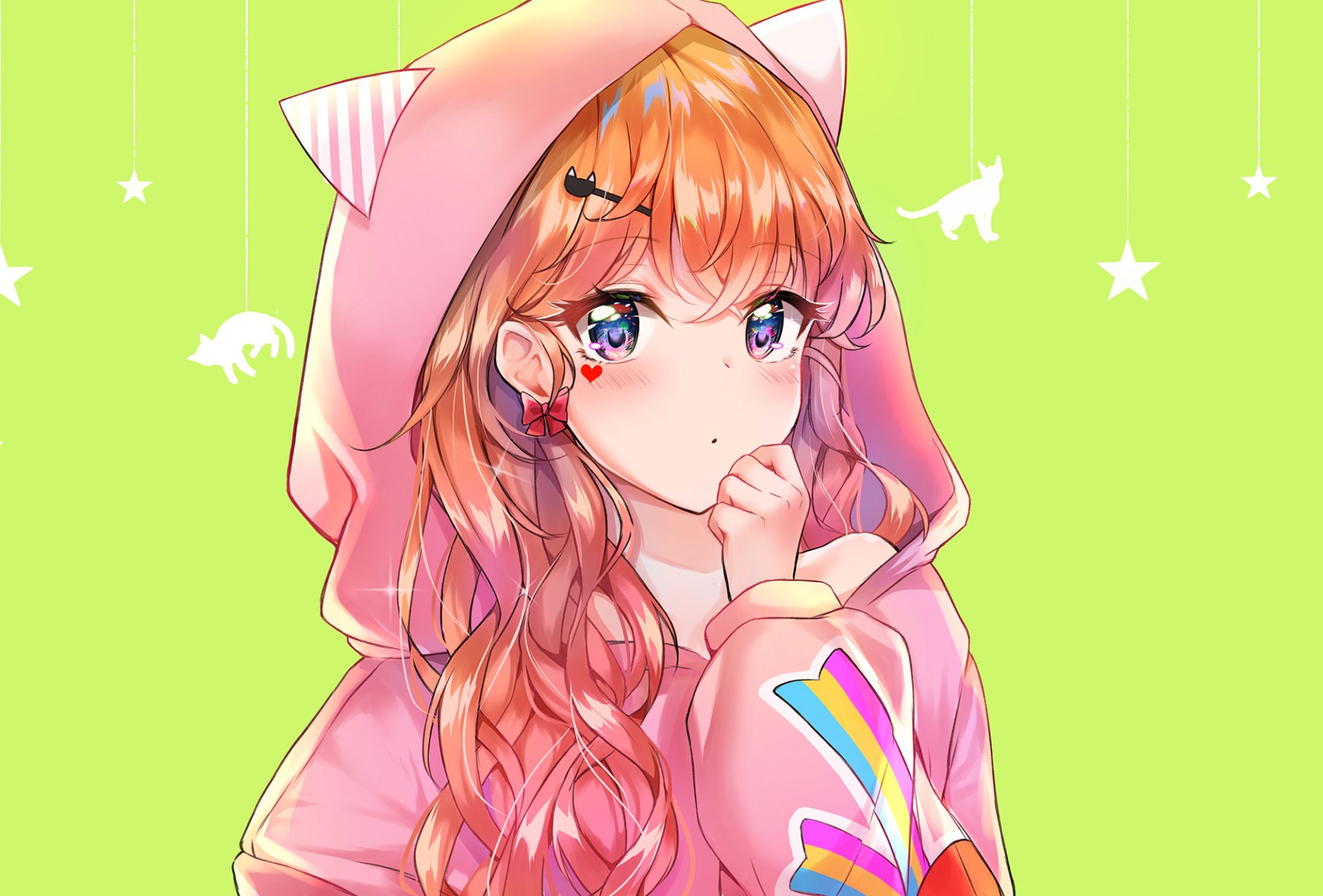 Original HD PC desktop wallpaper: anime girl with long orange hair and blue eyes, wearing a pink cat-eared hoodie, bow and earrings, with colorful sleeve accents on a lime-green background.