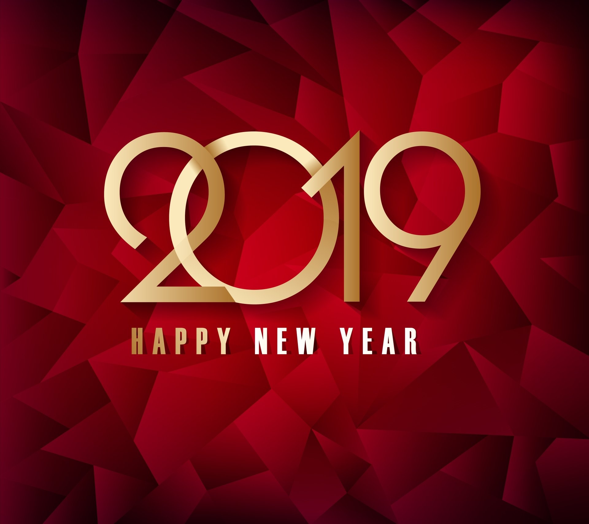 2019 Happy New Year greeting in gold text on a red geometric background, designed as a 4K Ultra HD PC desktop wallpaper and holiday background.