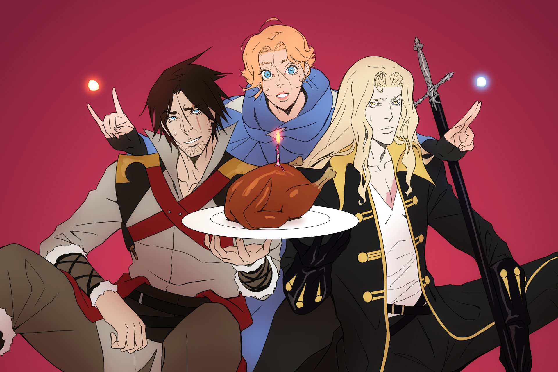 HD anime desktop wallpaper featuring Alucard, Trevor Belmont, and Sypha Belnades from Castlevania, with a festive roasted turkey in hand against a red background.
