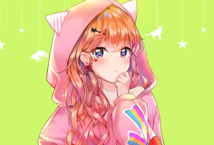 Original HD PC desktop wallpaper: anime girl with long orange hair and blue eyes, wearing a pink cat-eared hoodie, bow and earrings, with colorful sleeve accents on a lime-green background.