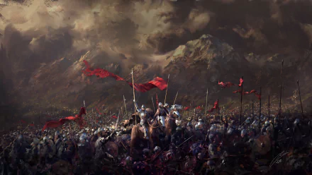 Fantasy warrior on horseback leads a vast army under red banners across a dark, mountainous battlefield in this HD PC desktop wallpaper and background.