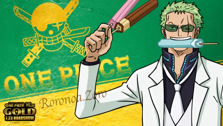 HD anime desktop wallpaper featuring Roronoa Zoro from One Piece, holding swords with his signature green hair and confident expression against a green and yellow background.