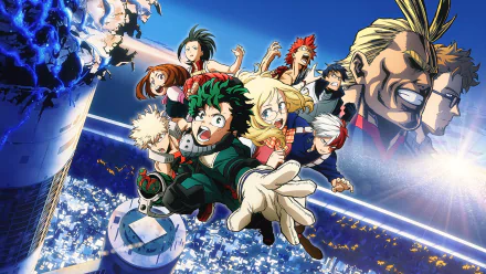 4K Ultra HD anime wallpaper — My Hero Academia: Two Heroes cast in action: Izuku Midoriya, All Might (Toshinori Yagi), Melissa & David Shield, Momo Yaoyorozu, Ochaco, Shoto, Bakugou, Kirishima, Iida.