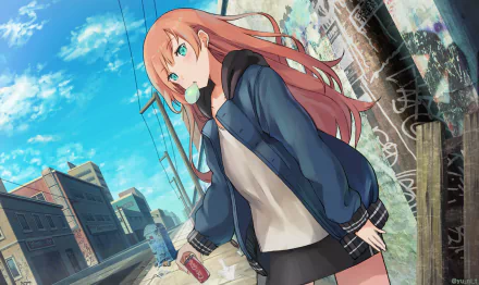 Anime-style HD desktop wallpaper of a girl with long orange hair and blue eyes, standing in an urban setting under a bright blue sky.