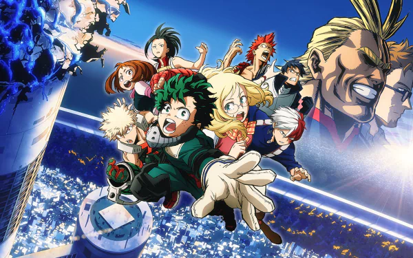 4K Ultra HD anime wallpaper — My Hero Academia: Two Heroes cast in action: Izuku Midoriya, All Might (Toshinori Yagi), Melissa & David Shield, Momo Yaoyorozu, Ochaco, Shoto, Bakugou, Kirishima, Iida.
