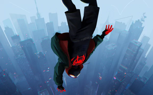 HD desktop wallpaper featuring Miles Morales as Spider-Man from the movie Spider-Man: Into The Spider-Verse, falling upside down against a backdrop of a cityscape.