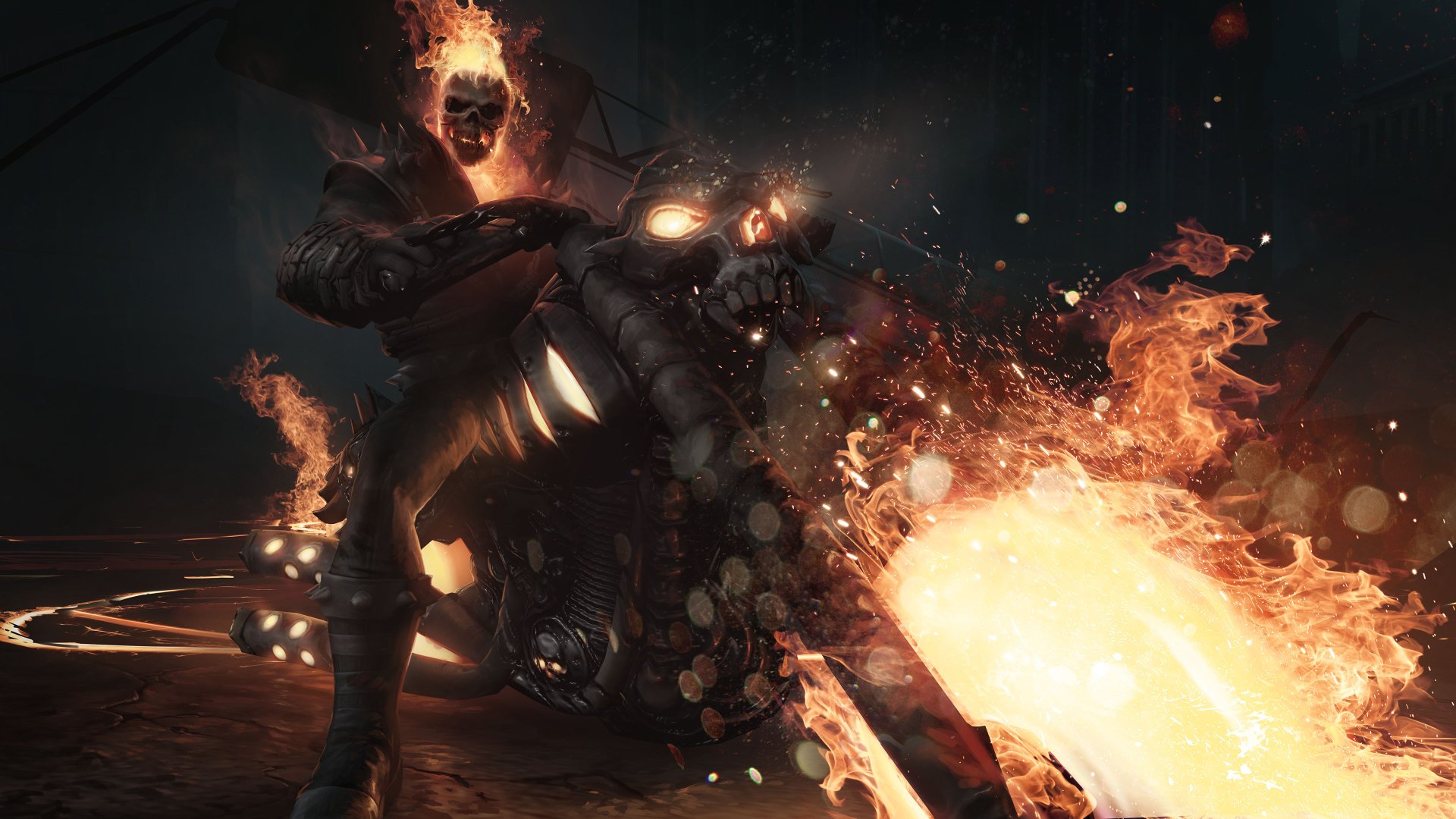 Comic Ghost Rider astride a flaming motorcycle with a skull engine and blazing chain, intense action captured as a 4K Ultra HD PC desktop wallpaper and background.