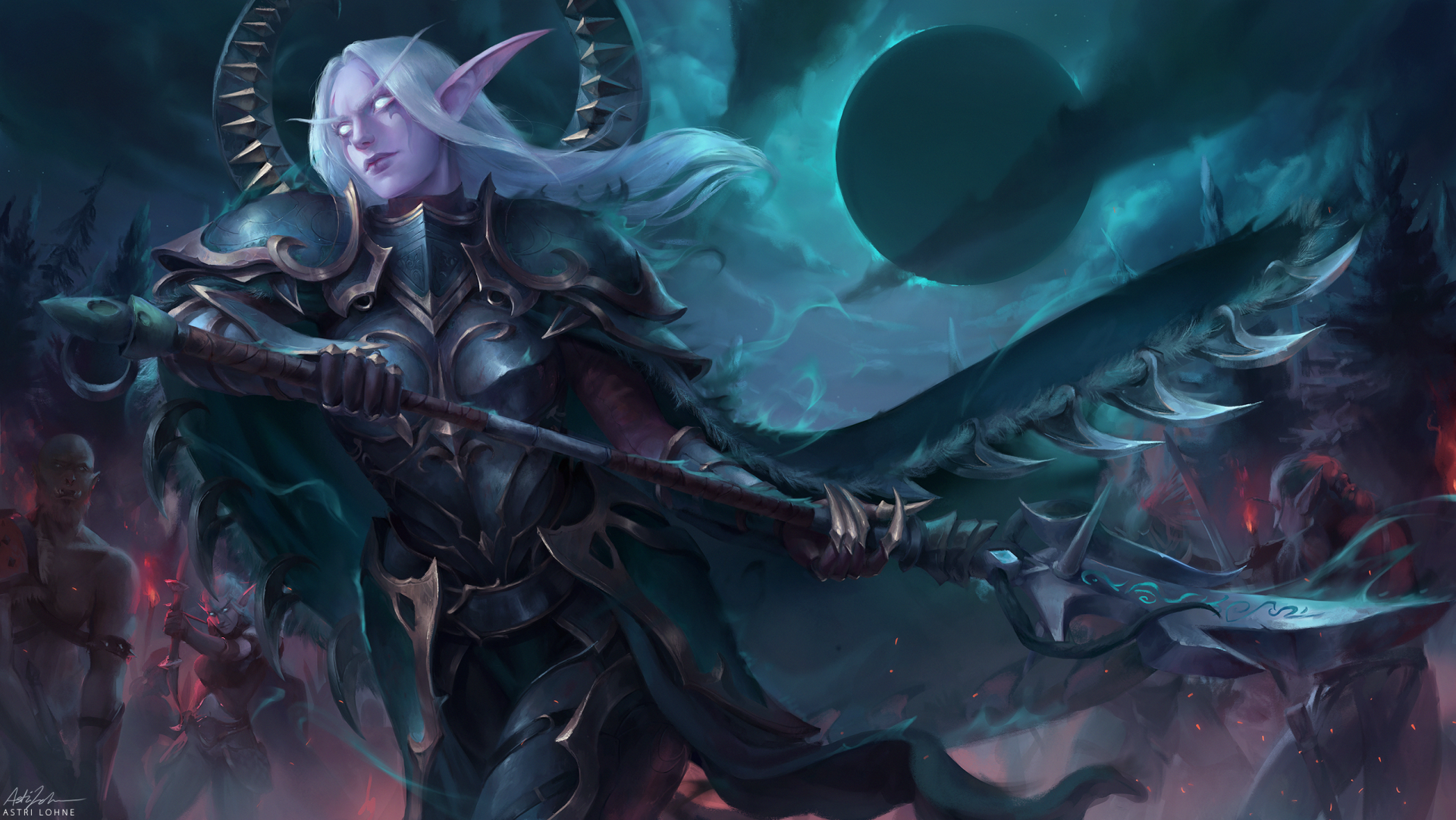 Fantasy HD desktop wallpaper of a white-haired elf woman warrior wearing dark armor, wielding a large weapon under a stormy, moonlit sky, showcasing pointed ears and fierce determination.