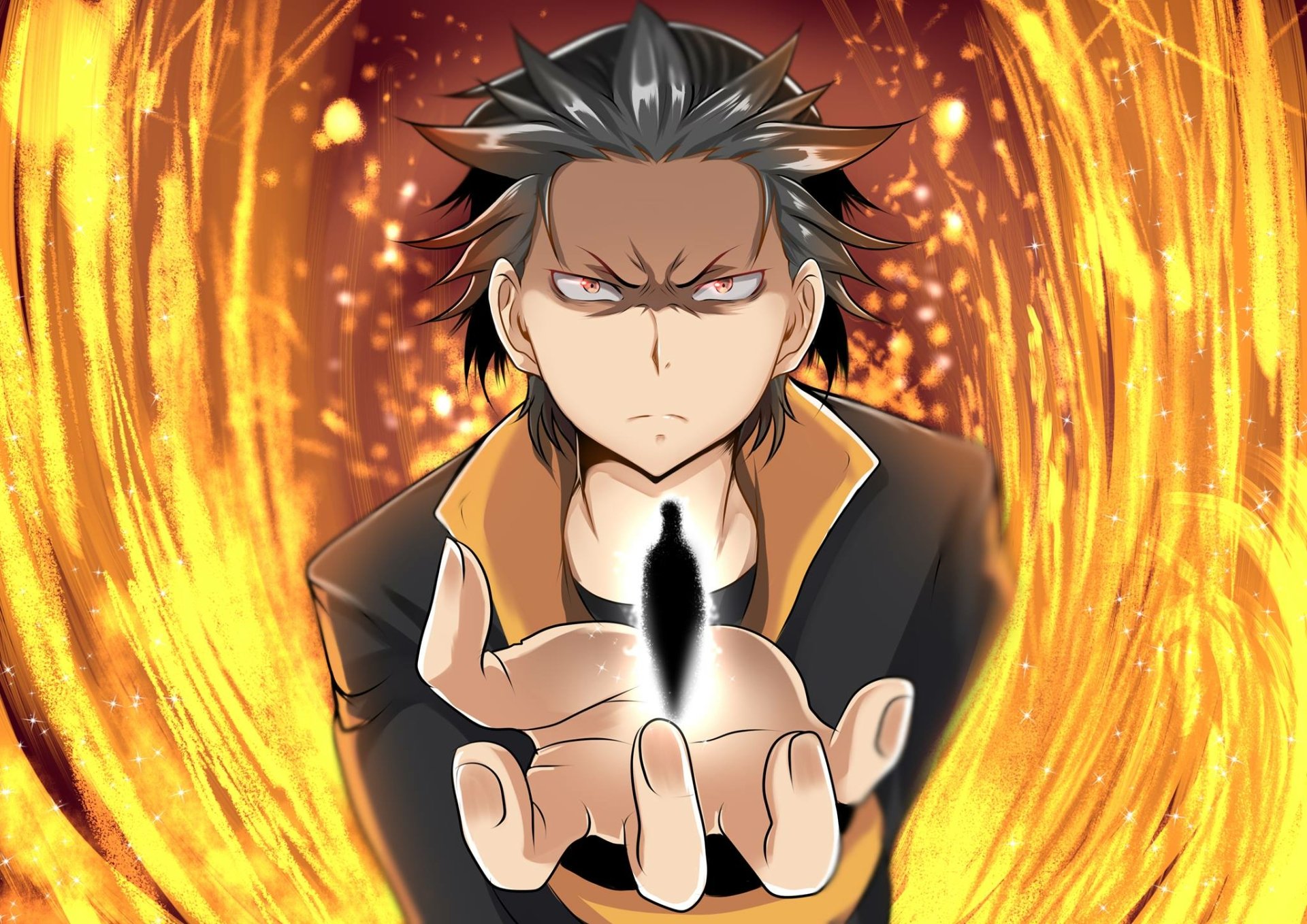 HD PC desktop wallpaper of Subaru Natsuki from the anime Re:Zero - Starting Life in Another World, depicted with intense expression and fiery magical aura.