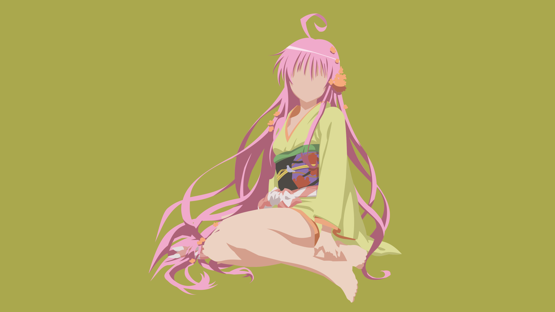 4K Ultra HD desktop wallpaper of Lala Satalin Deviluke from To Love-Ru, seated with flowing pink hair in a green kimono on an olive-green background.